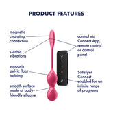 The Satisfyer Love Birds 2 by Satisfyer is a pink device specifically designed for pelvic floor training. It comes equipped with magnetic charging, vibration control, and a body-friendly silicone surface, resembling vibrating Ben Wa balls. The tool includes a black remote and can be managed through an app or its intuitive control panel.